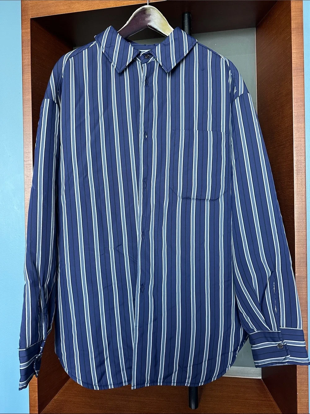 Zara Navy Blue Vertical Stripe Button-Down Oversize Jacket